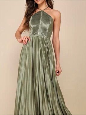 Lulu's Olive Halter Pleated Backless Maxi Dress